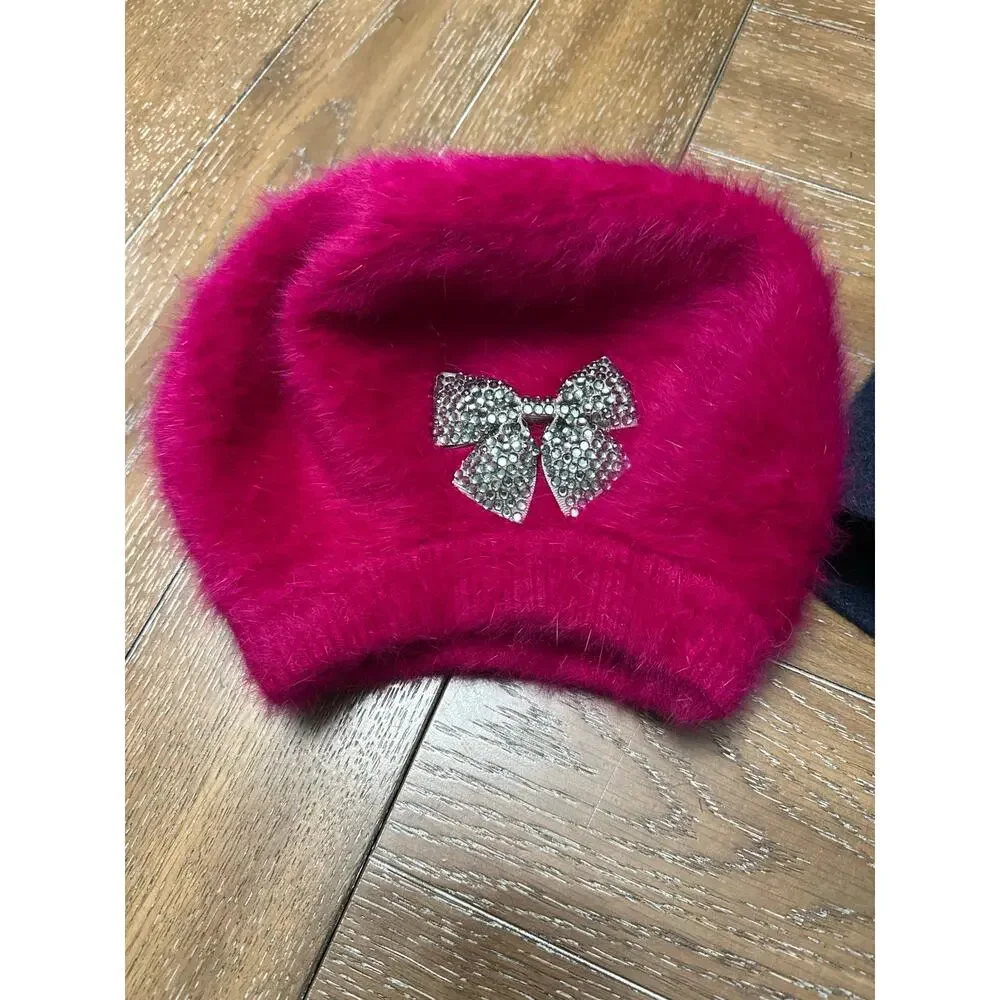 LOT x 2 Winter Hats Magenta Jeweled Bow Beret Cap & Navy Bucket Snowflake
